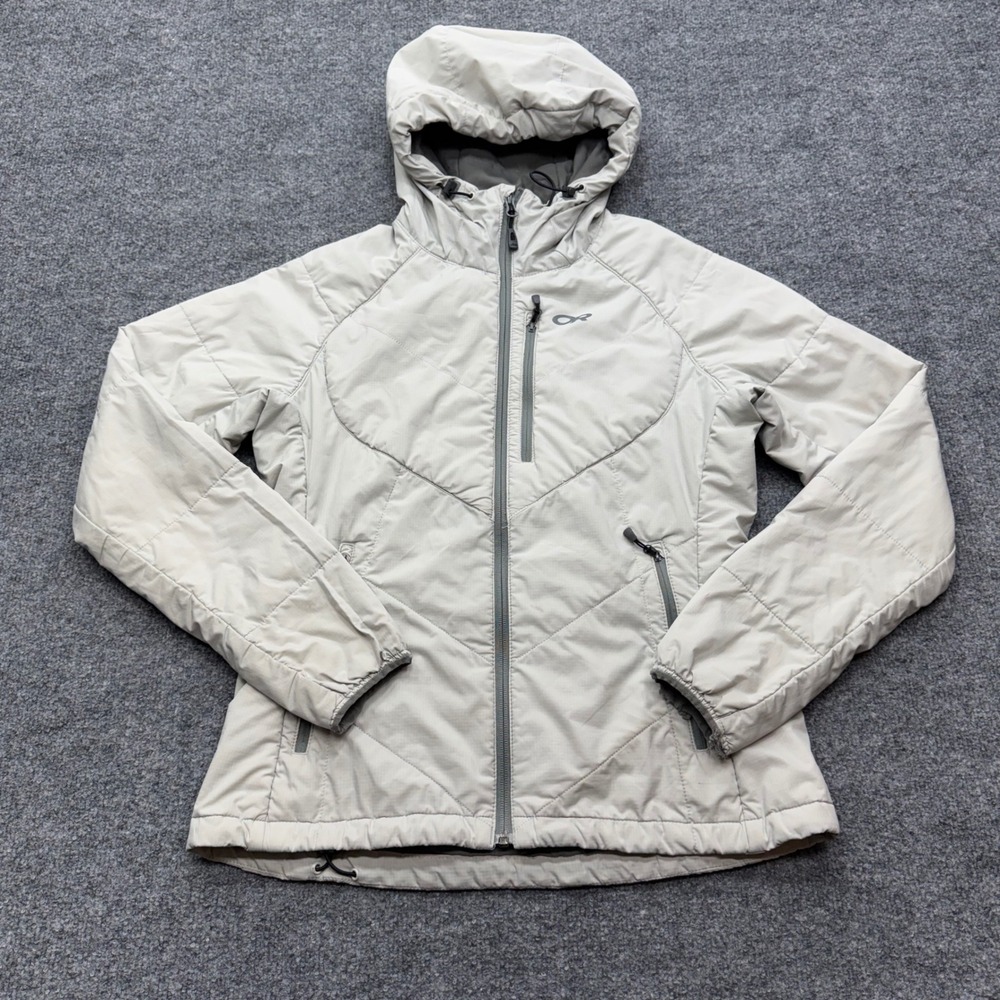 Outdoor Research Womens S Puffer Jacket Hooded Insulated Gray Chevron Quilted
